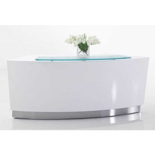 white curved reception desk